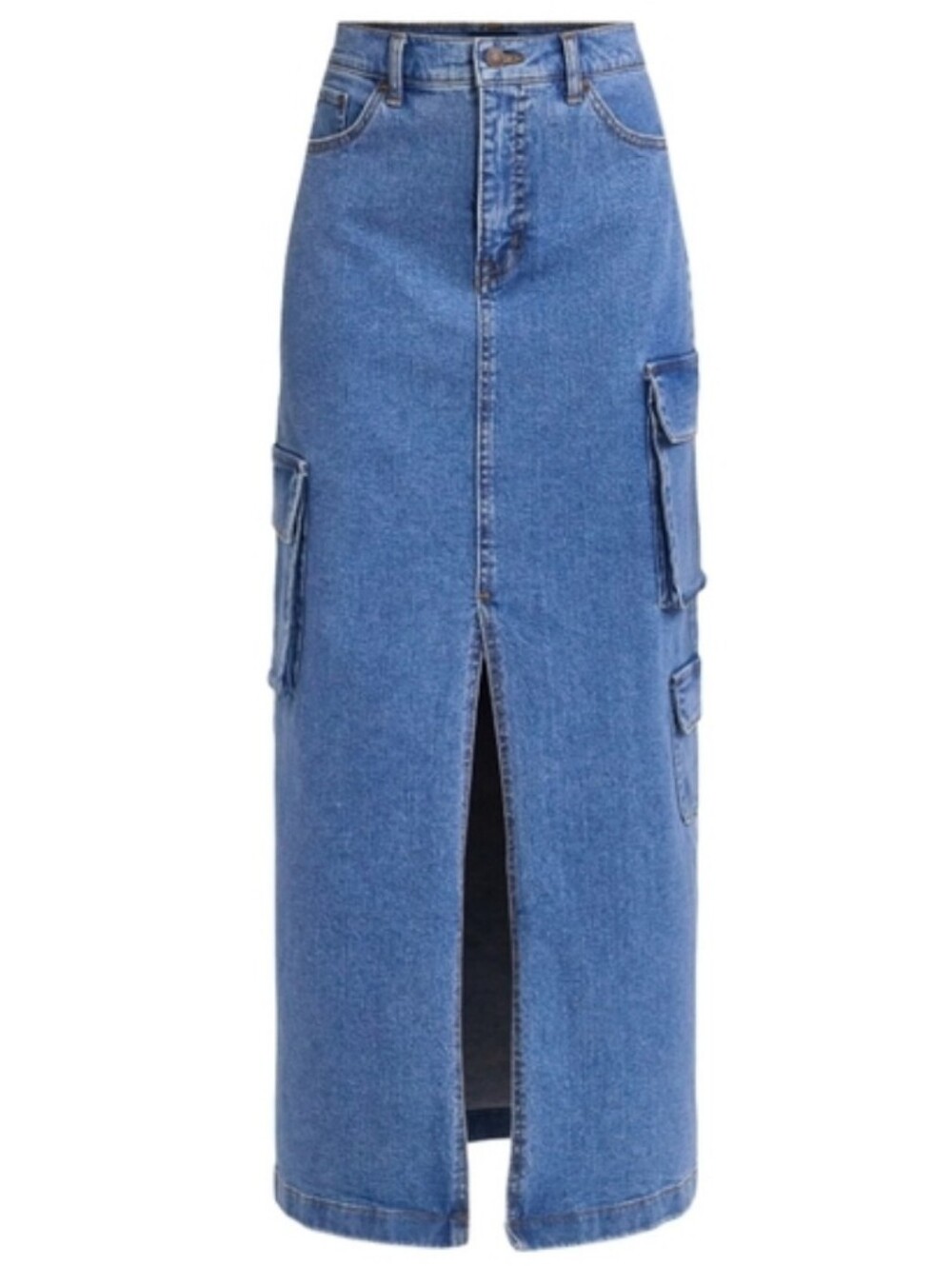 Denim Cargo Utility Blue Maxi Skirt Front Slit Fall Western Boho Going Out 10 - Picture 4 of 12